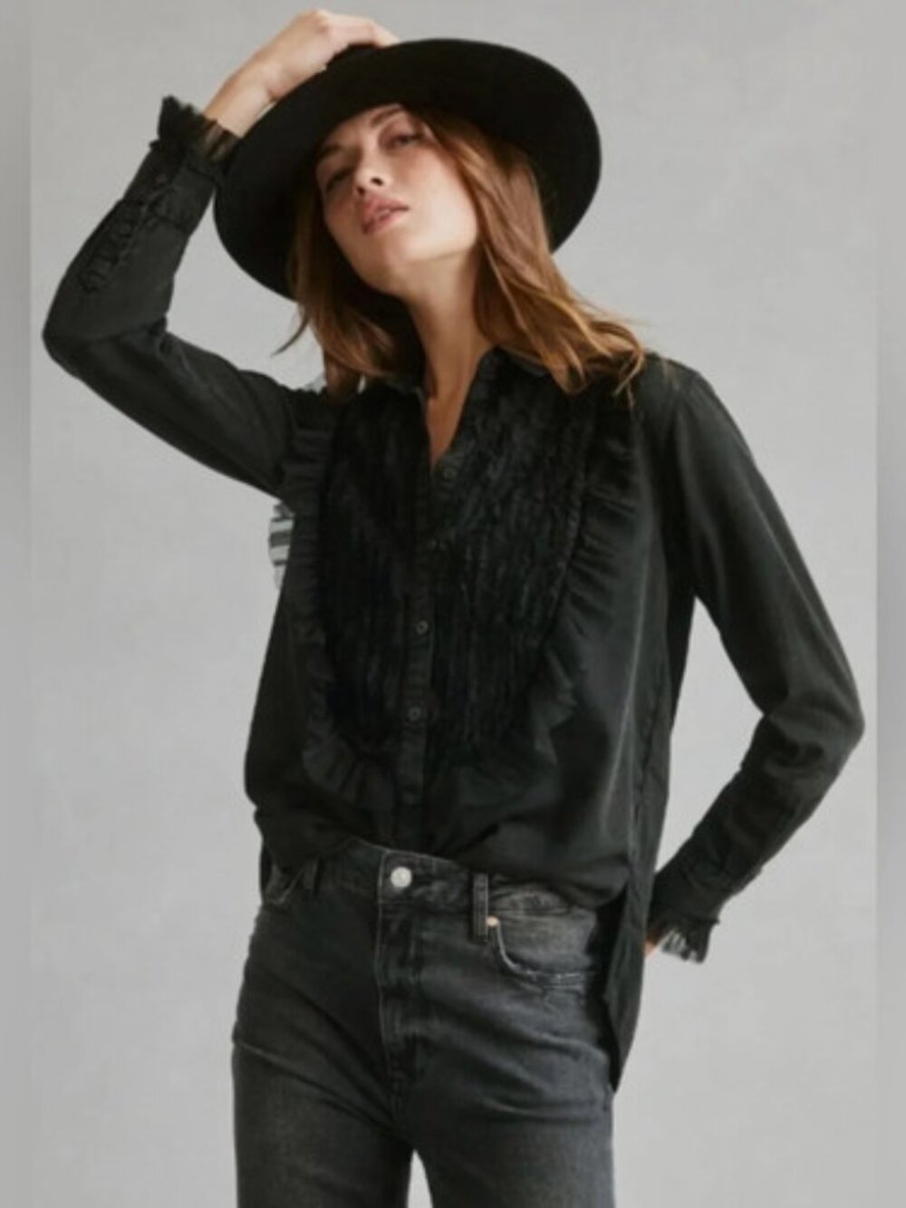 Anthropologie Pilcro Size S Tulle Ruffle Button Up Collared Blouse in Carbon
